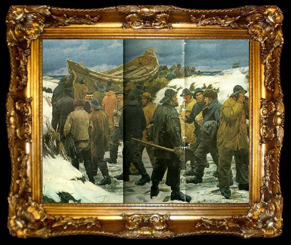 framed  Michael Ancher redningsbaden fores gennem klitterne, ta009-2